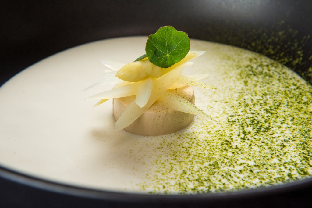Elements Soup of White Asparagus with Foie Gras Royale and Macha